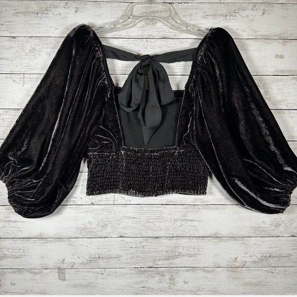Free People Marie Velvet Open Back Black Crop Top Balloon Puff Sleeve Medium - Picture 4 of 13